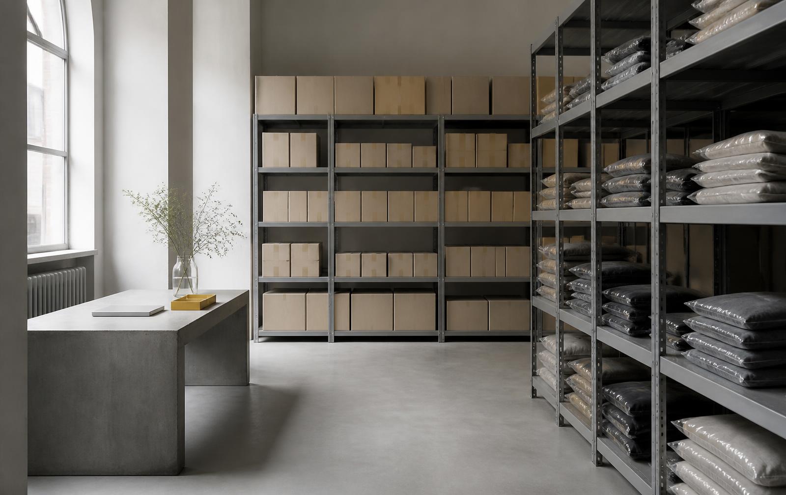 Organized shelving with uniform cartons and wrapped apparel bundles in a distribution space