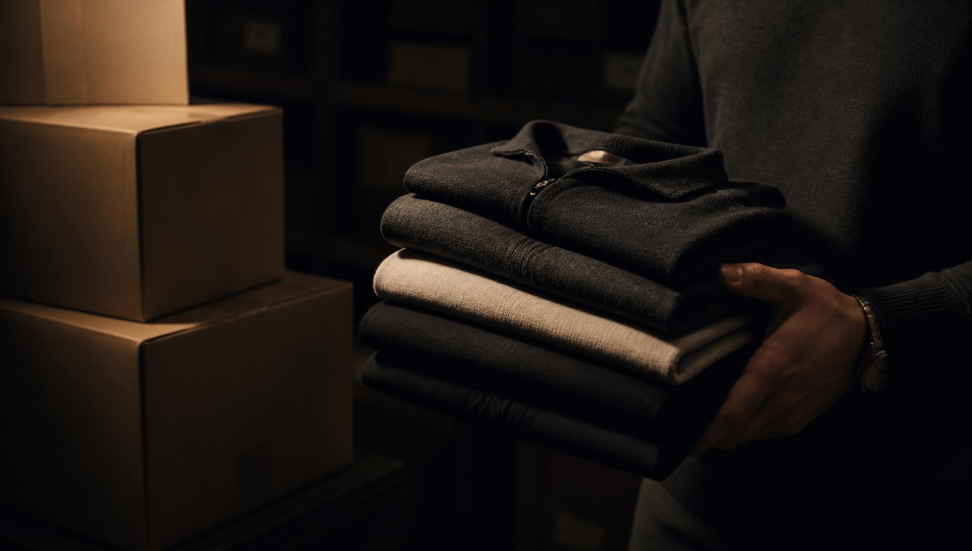 Folded apparel bundles carried past stacked shipping cartons in a dimly lit distribution space